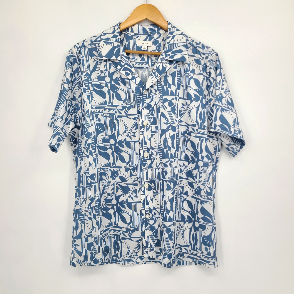 Reiss Short Sleeve Button Up Cuban Collar Blue Abstract Luxe Resortwear Size L